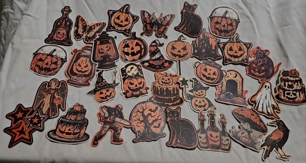 Halloween Stickers Vintage Style Orange Cream Black Pumpkin Witches 30+