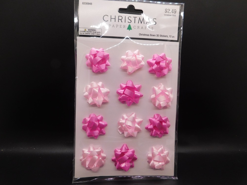 Christmas paper crafts Pink Bow 3D stickers 12pc