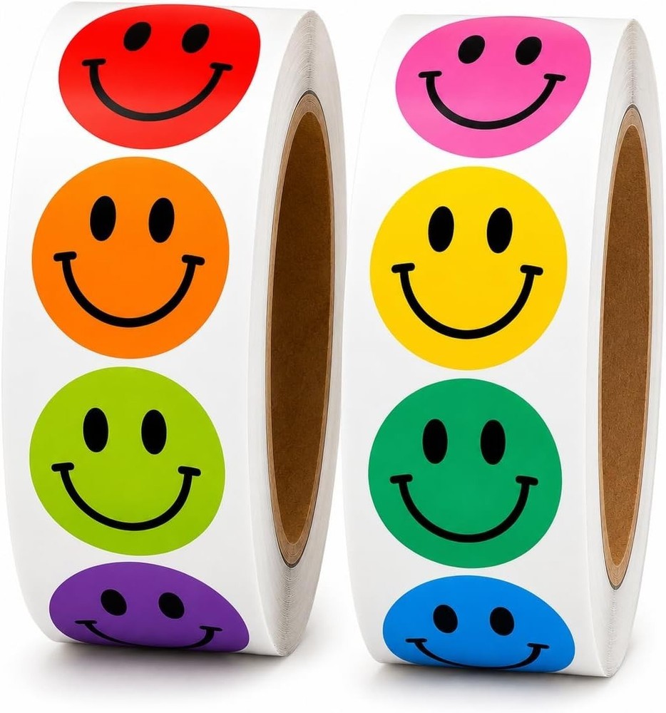 1000PCS Multi-Color Smiley Face Stickers 1 Inch – 2 Rolls of 500 Happy Face L…
