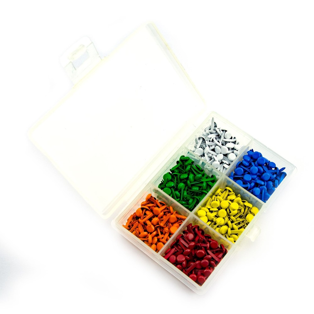600pc Tiny Mini Round 4.5mm Brads 6 Basic Colors Split Pin 100ea with Case