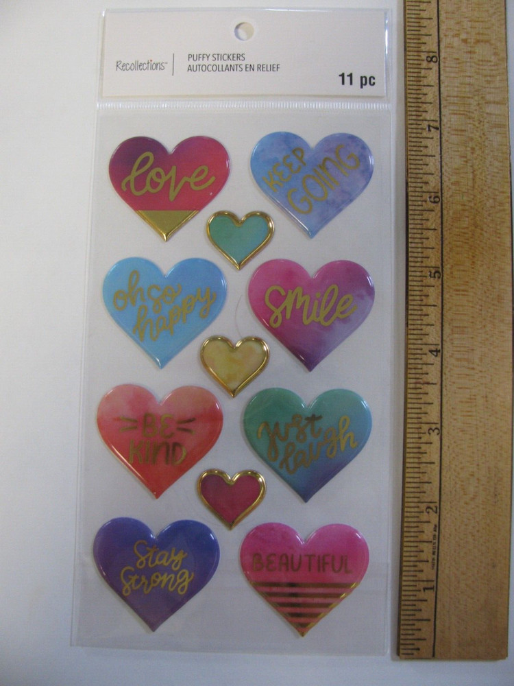 Recollections Puffy Stickers WATERCOLOR HEARTS Love Smile Keep Going 11 Pcs NIP