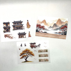 Autumn Chinese Asian Landscape Stickers Scrapbook Junk Journal Collage