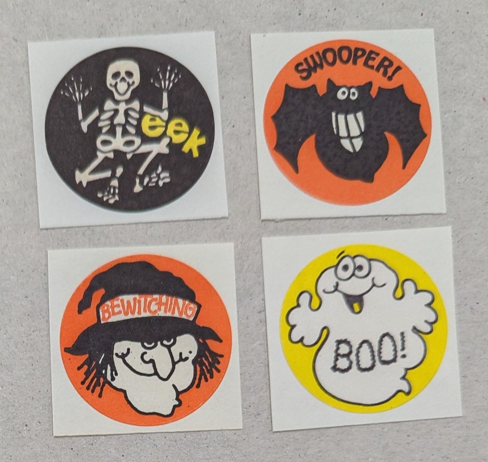 Vtg Matte Trend Boo Bat Witch Bones Scratch & Sniff Stickers Set of 4 #S02