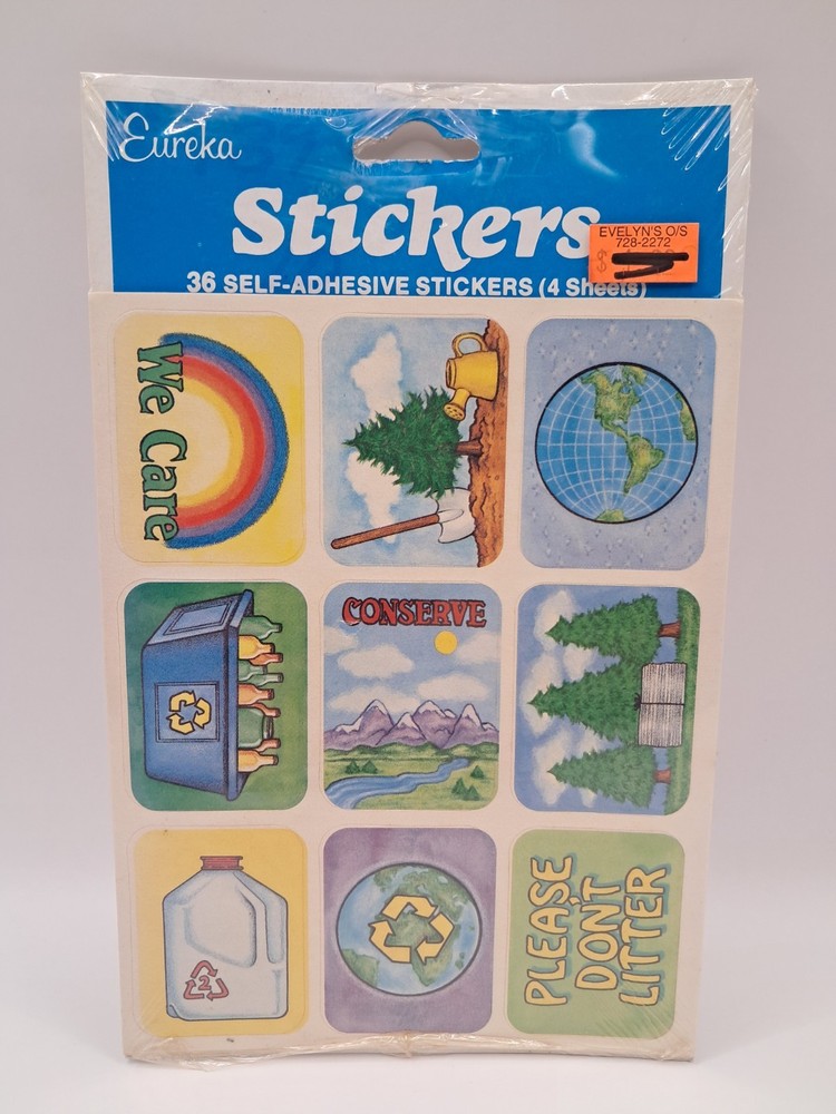 VTG Vintage Eureka Paper Magic Group 36 Stickers Pack Love Earth Day Recycle