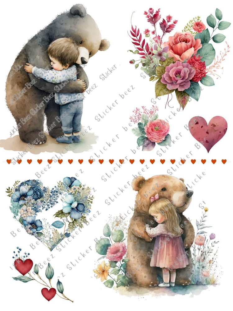 7 Bear Love Card Toppers Collage Sheet Supplies For Scrapbook Junk Journal Craft
