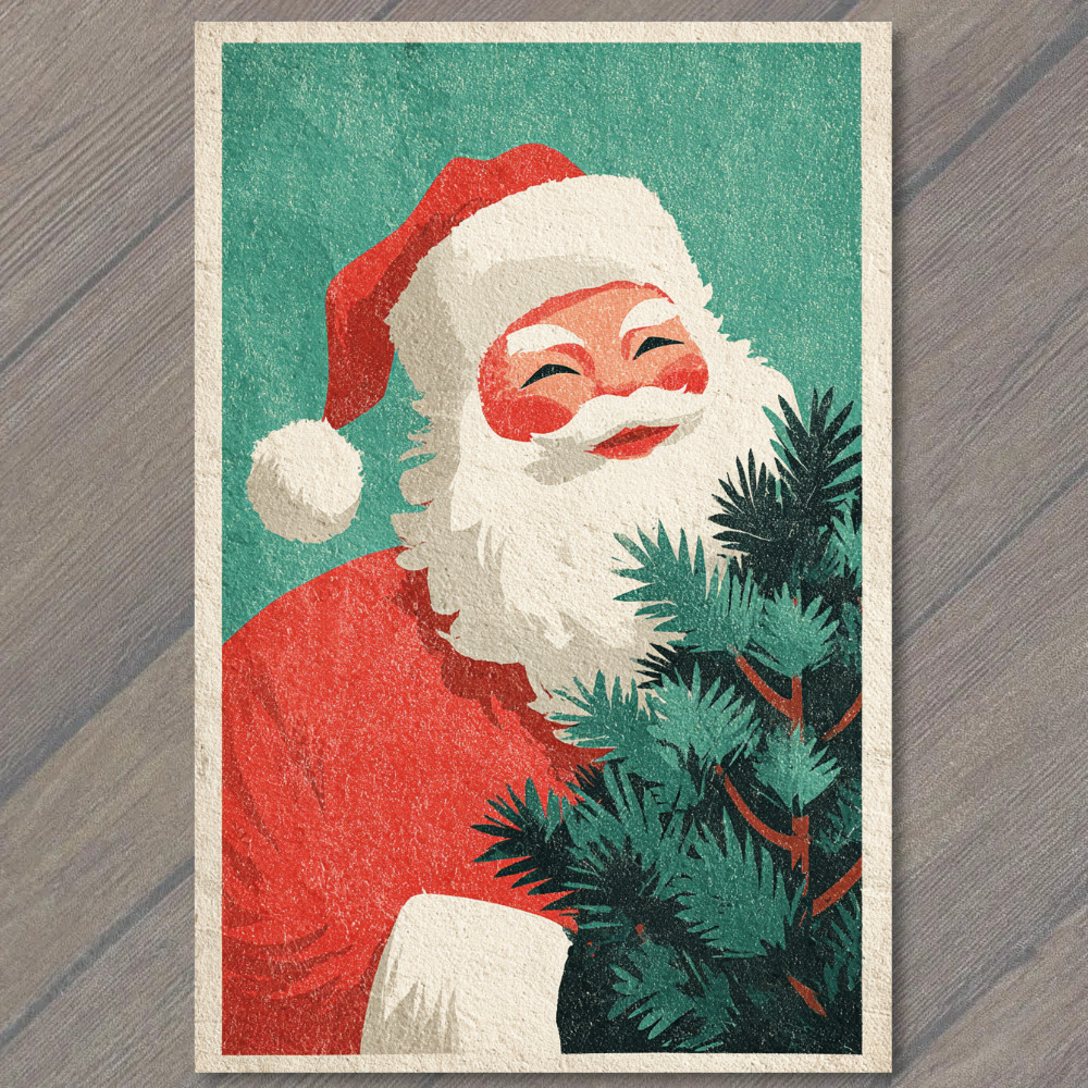 STICKER Santa Claus Christmas Tree Retro Holiday Joy Mid Century Vintage Look