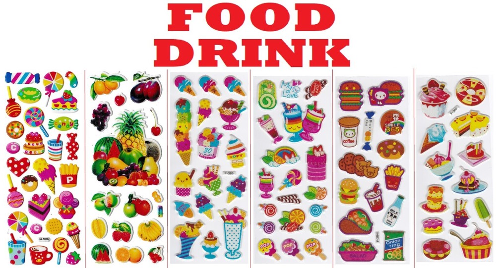 3D puffy Stickers FOOD DRINK candy jam fries ice cream cola pop milk cake coffee