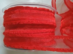 MAY ARTS RIBBONS~SHEER BRIGHT RED RIBBON WITH RUFFLE EDGE~5/8THS INCH X 3 YARDS!