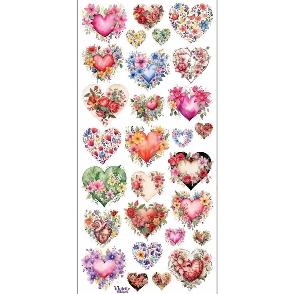 Violette Stickers – Flower Hearts – 1 Floral Heart Sticker Sheet – Scrapbooking