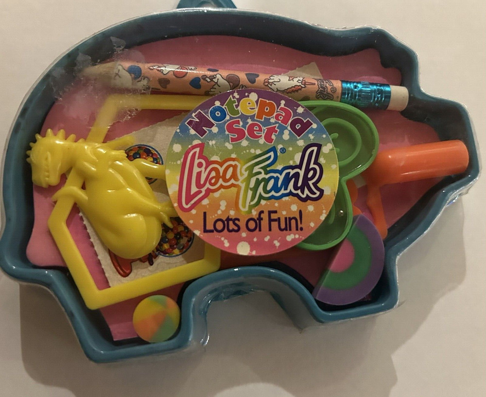New Old Stock VTG Lisa Frank Note Pad Set Lots of Fun Blue Pig Cutout # 7004