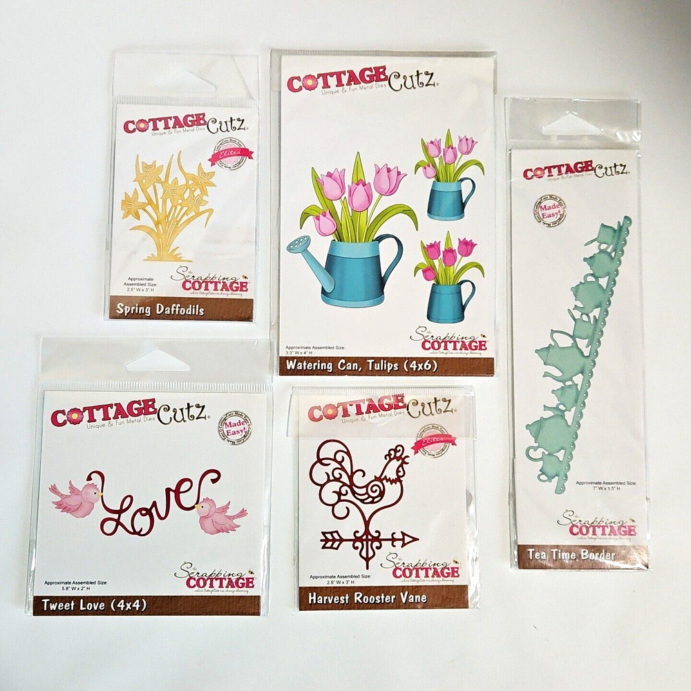 Cottage Cutz Die Lot of 5 Spring Daffodils Watering Can Love Birds Tea Rooster