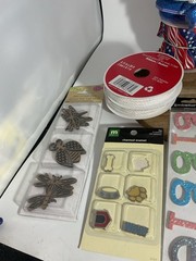 Craft Lot Ribbon, Scrapbook Stickers, Embellishments (F)