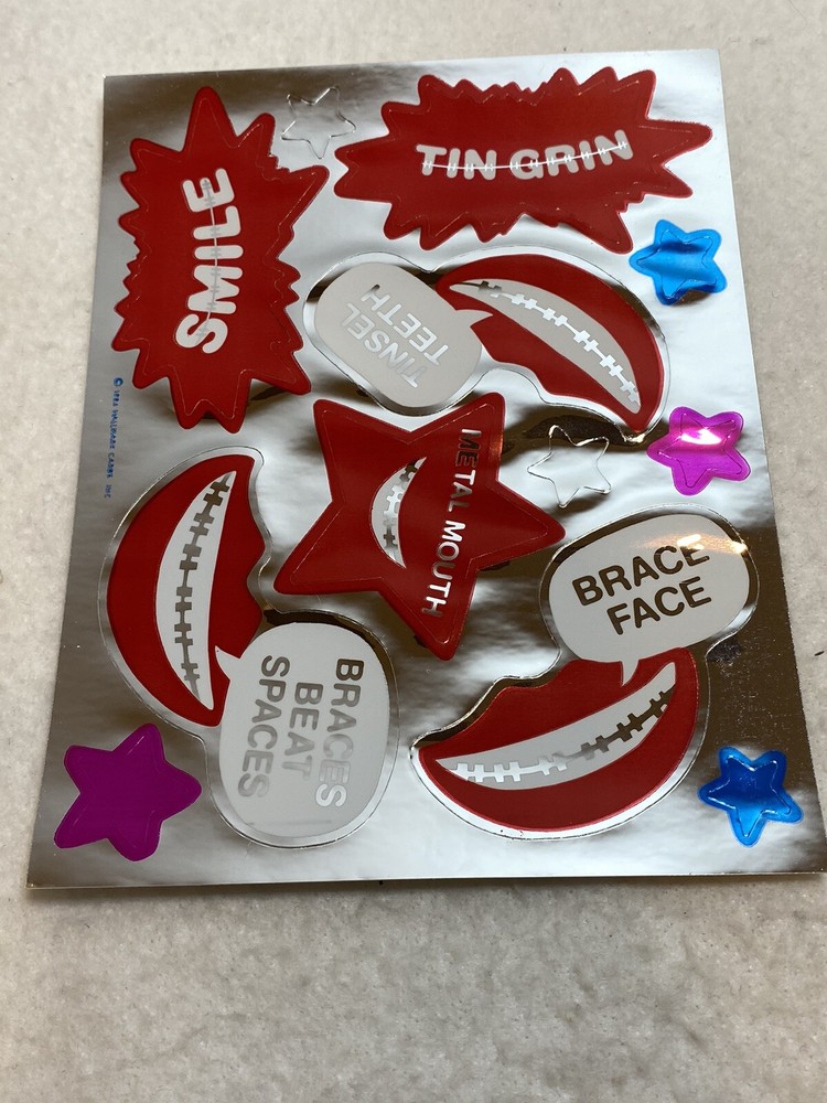 Vintage 80’s Hallmark Razzle Dazzle FOIL Sticker Sheet Braces Tin Grin HTF RARE