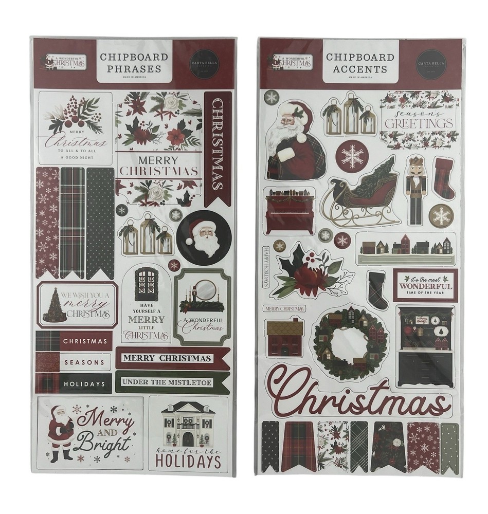 (2) 6 x 13 Packs Carta Bella A Wonderful Christmas Chipboard Accents And Phrases