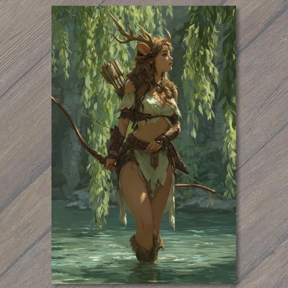 STICKER Forest Elf Archer Antler Crown Willow River Fantasy Huntress Bow