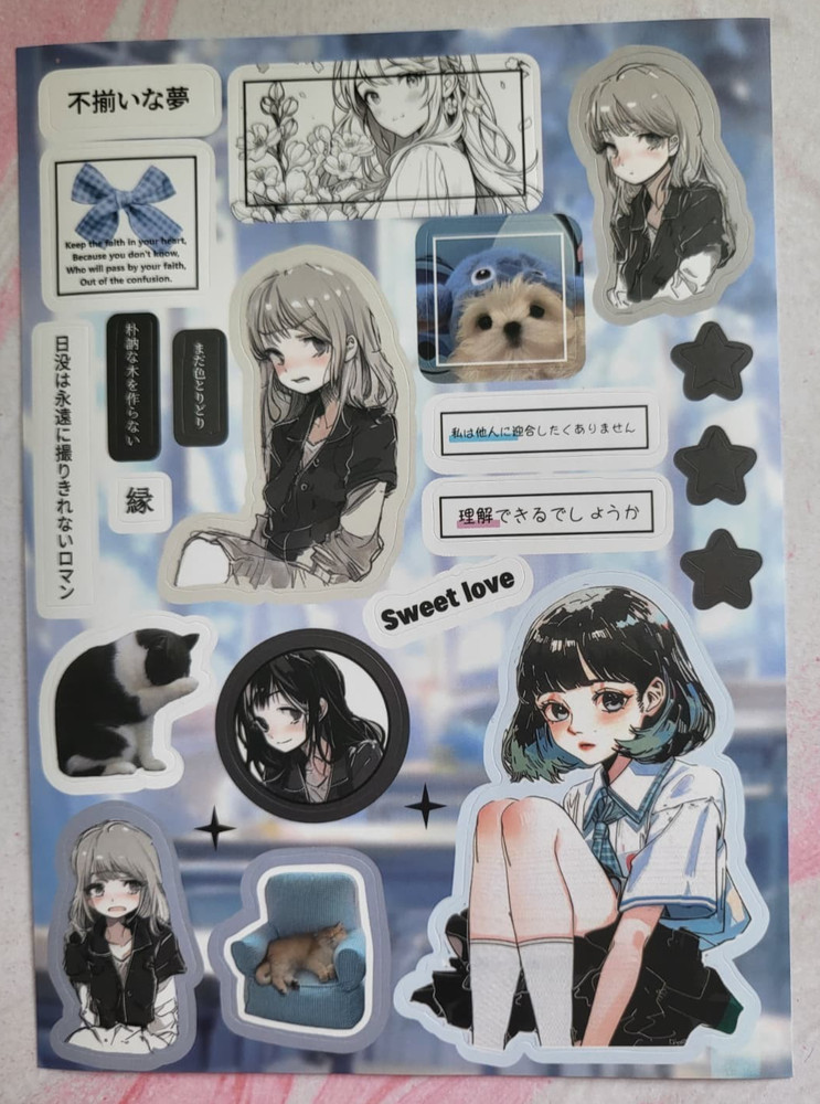 Japanese Manga Girl Sticker Sheet Coquette Aesthetic Dark Y2K Anime Cat Puppy