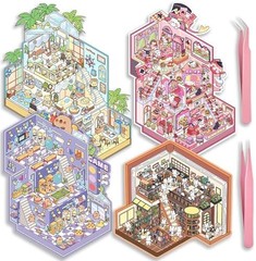 4 Sets Big DIY 3D Sticker Scene Isometric Miniature Room Stickers Book for Kids
