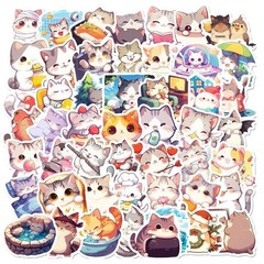 Kawaii Cat Stickers, 50 Cute Glossy Vinyl Stickers for Laptop, Gift, Bottles
