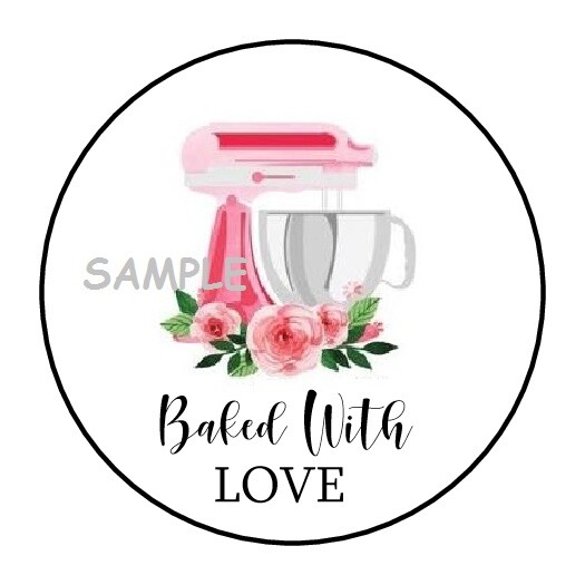 30 BAKED WITH LOVE ENVELOPE SEALS LABELS STICKERS 1.5″ ROUND FLORAL MIXER ROSES