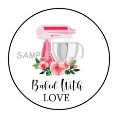 30 BAKED WITH LOVE ENVELOPE SEALS LABELS STICKERS 1.5″ ROUND FLORAL MIXER ROSES