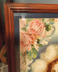Antique Wood Frame Victorian Die Cut Picture Young Lady Pink Dress Roses 17 x 22