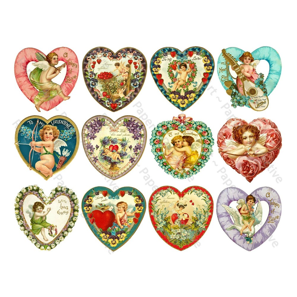 Valentine’s Day Hearts, Romantic Victorian Clip Art, CUT & PEEL STICKER SHEET