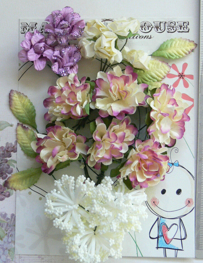 Roses Carnations ORCHID PLUM & CREAM 17 Flowers PAPER & SILK 20-30mm VD1