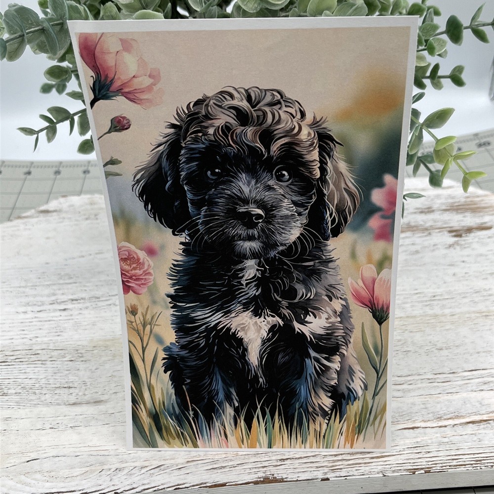 Junk Journal Art Print, Black Poodle Puppy In A Field Of Flowers, 5″ x 8″