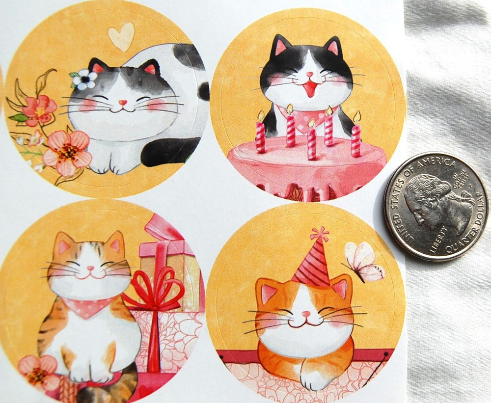 set 12 stickers round envelope seals HAPPY CAT Kitten birthday present hat cake