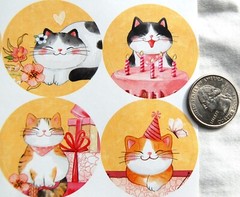 set 12 stickers round envelope seals HAPPY CAT Kitten birthday present hat cake