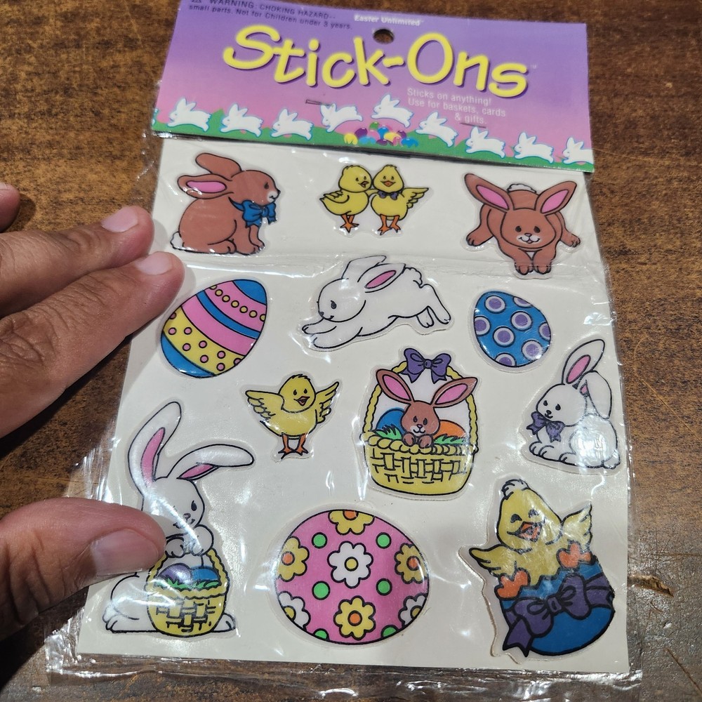 12 Vtg Stick-Ons Easter Unlimited Puffy Easter Bunny Eggs Chicks Stickers NOS
