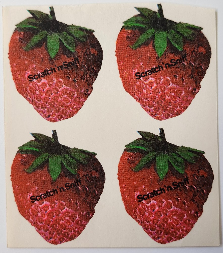 4 Strawberry Scent Mods 3M/Mello Smello Scratch & Sniff Stickers 1980’s Stiggles