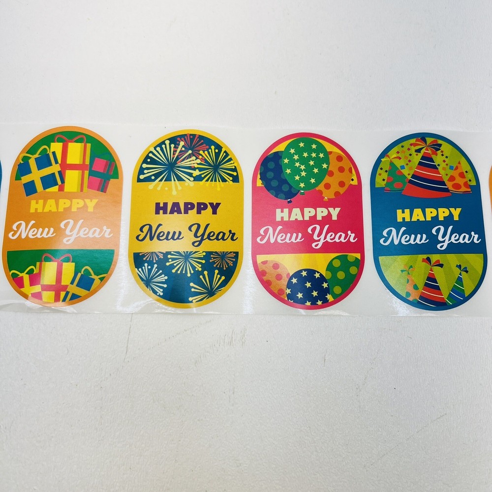 500 Happy New Year Stickers Roll Gift Tags Envelope Seal 2.5 X 1.5 Inch