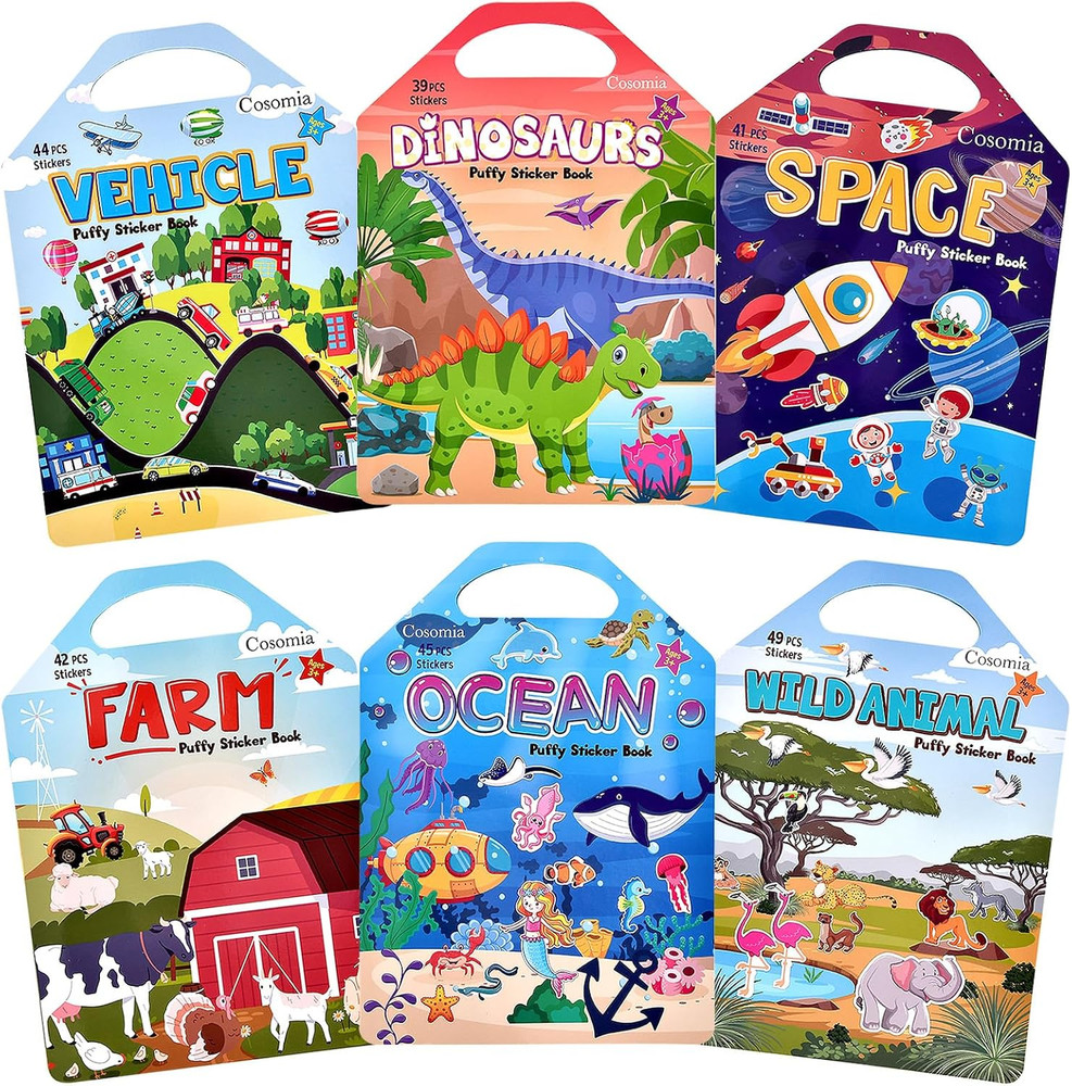 6 Set (260pcs) Puffy Sticker Books Activity for Kids, Animal, Farm, Dinosaurs, S