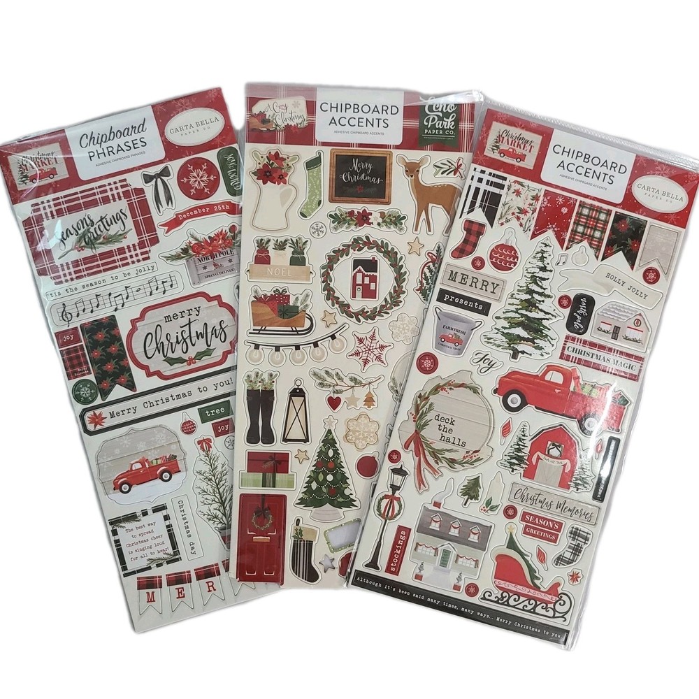 Carta Bella Chipboard Accents Phrases Christmas Market 6×13- Lot of 3