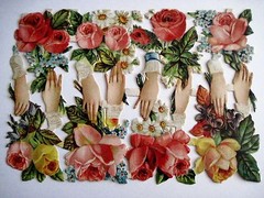 Vintage 1800s Die Cut Of Women’s Hands w/Pink Gorgeous Roses, Violets & Daises *