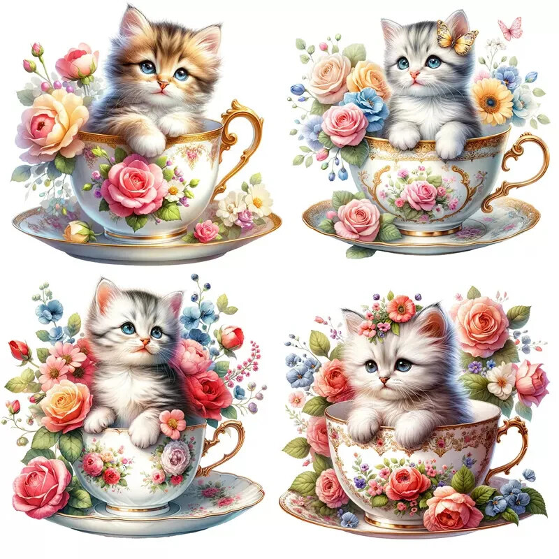 Kittens Cats in Teacups Flowers Planner Journal Scrapbooking Stickers Craft
