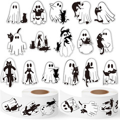 1000 Halloween Ghost Holding Cat Sticker Rolls (2 Rolls), 16 Designs Decals