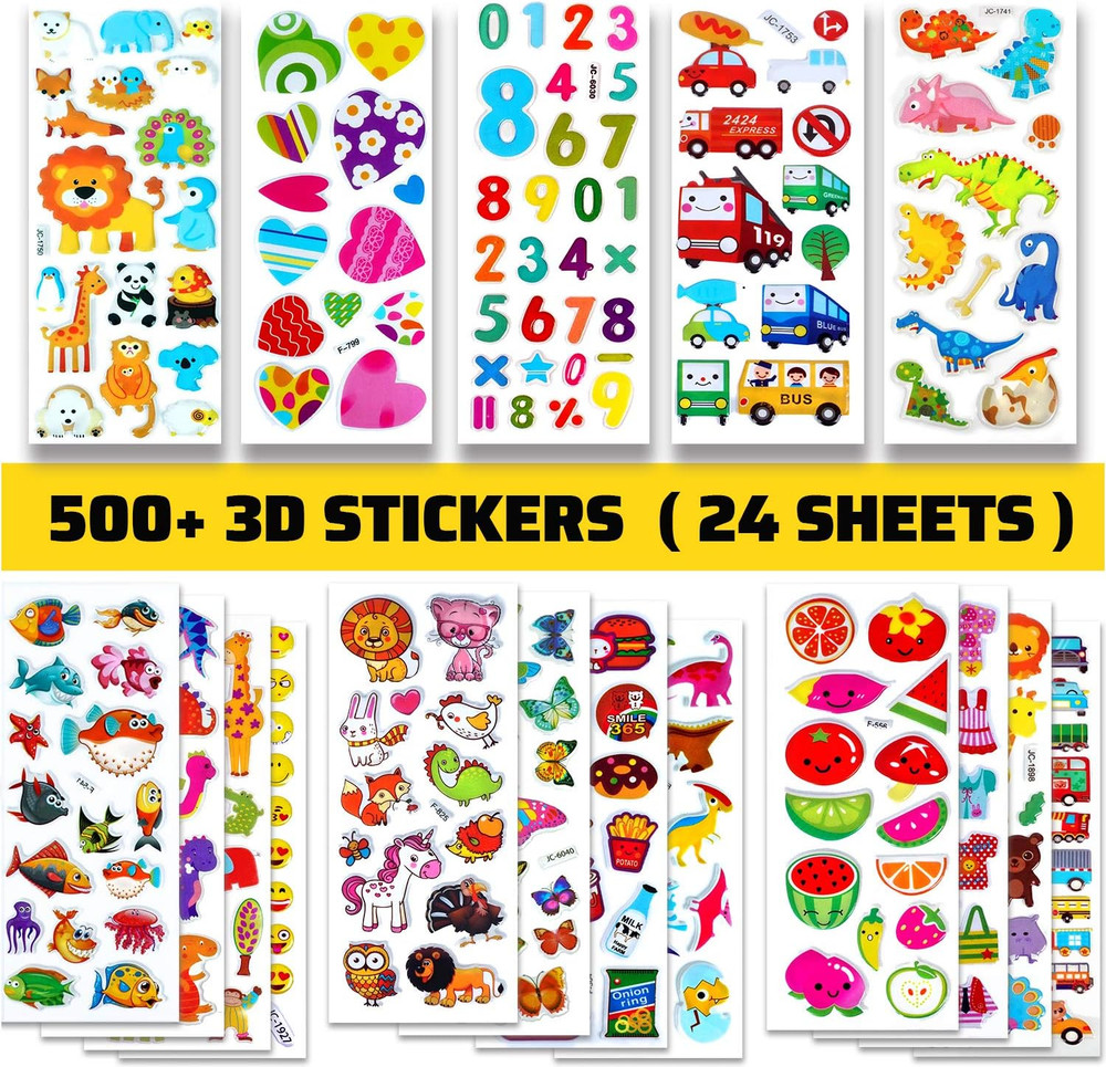 24 Sheets 500 Stickers for Kids, Toddlers 2-4 Years Old, Dinosaur & Traffic Them