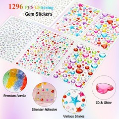 1296 pcs Gem Stickers Rhinestones for Crafts, Sparkling Cute Star Heart Round…