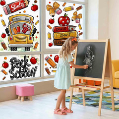 8 Sheets Back to School Window Clings,Cute School Bus Pencils Apple Window Stick