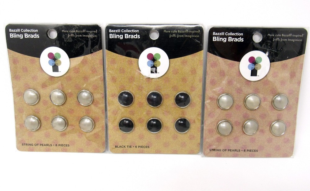 Imaginisce Lot of 3 packs Bling Brads Black Tie String of Pearls Bazzill 18 pcs