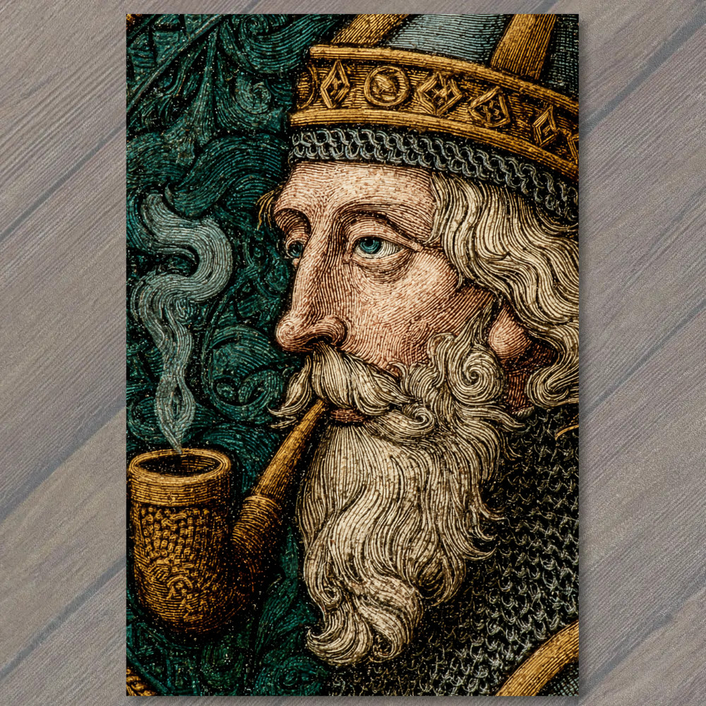 STICKER Medieval King Smoking Pipe Illuminated Manuscript Style Portrait