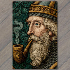 STICKER Medieval King Smoking Pipe Illuminated Manuscript Style Portrait