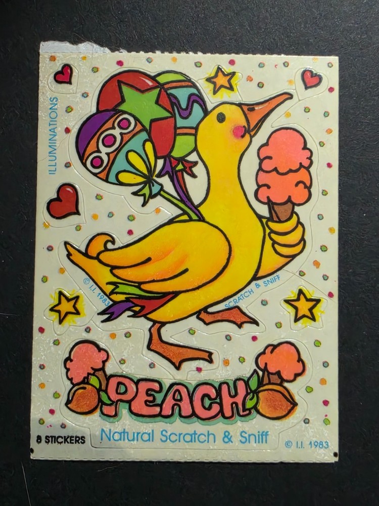Vintage ILLUMINATIONS Scratch and Sniff Sticker Peach duck with ice cream – 1983