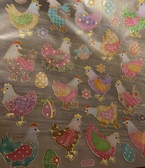 Stickers Chickens in Plaid Clothes Eggs Nest Flowers Bows Gold Foil Trim Hens