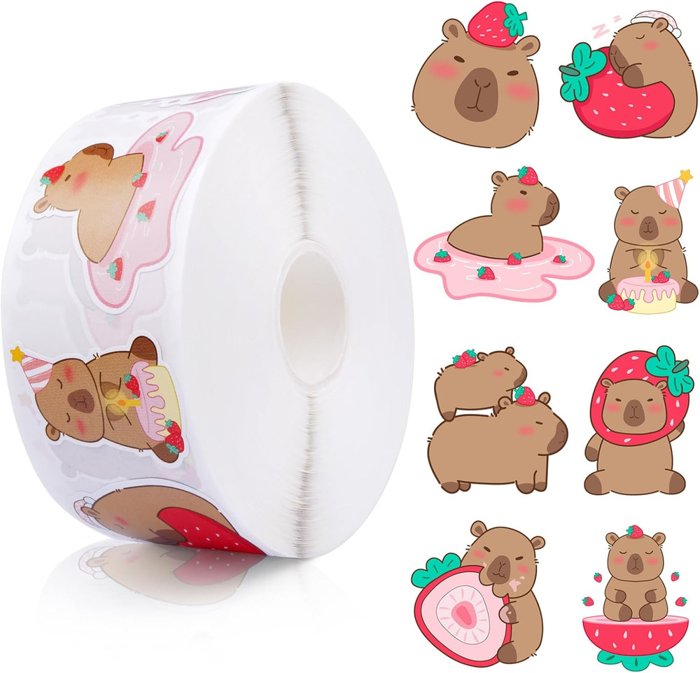 Capybara Stickers Roll, 1000Pcs Cute Animal Stickers for Kids 8 Patterns Strawbe