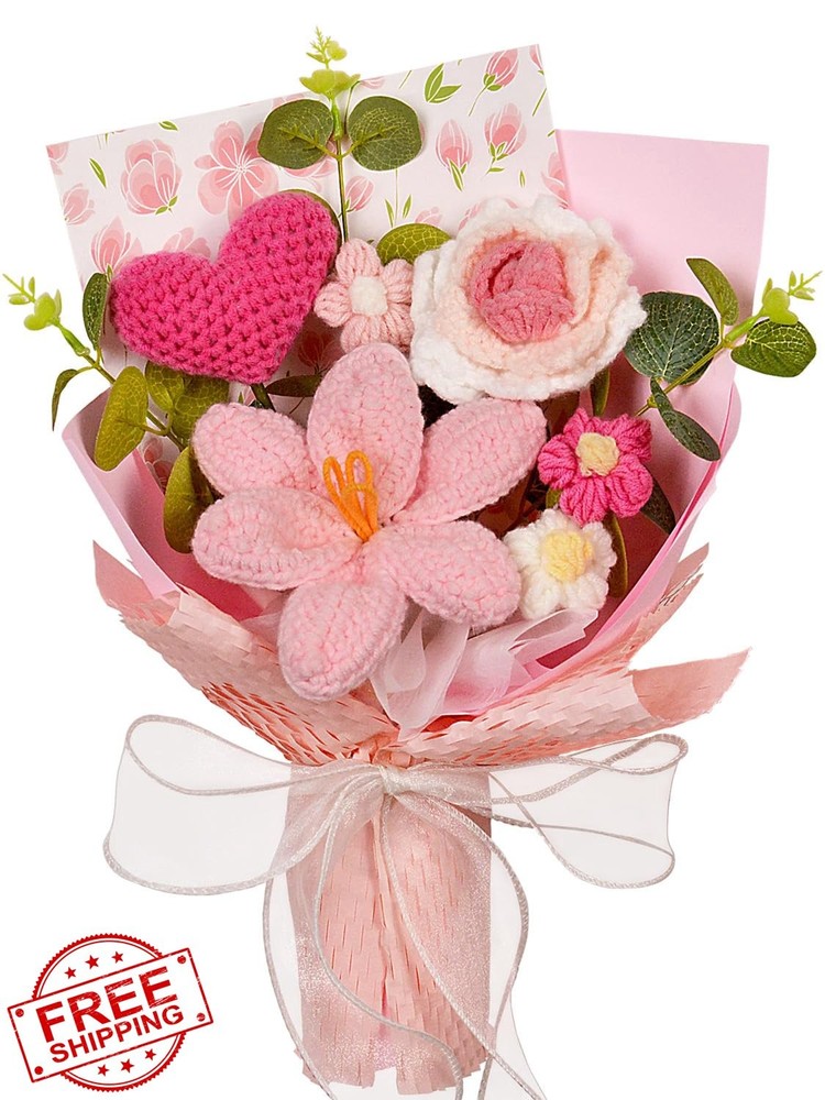 Hlenbin Crochet Flowers Bouquet Tulips Roses Love Heart Pink
