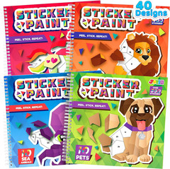 4 Pack Sticker Paint Books for Kids Travel Crafts Safari Unicorn Sea Animals Set