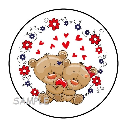 30 CUTE TEDDY BEARS ENVELOPE SEALS LABELS STICKERS 1.5″ ROUND HEARTS FLOWERS